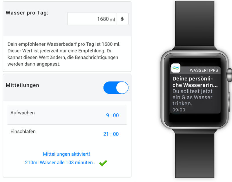 Screenshot Wasserbedarfsrechner | Trinkerinnerung auf Smartwatch