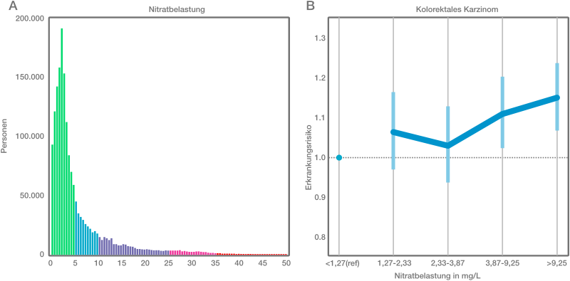 A: Die Verteilung der durchschnittlichen Nitratbelastung zwischen dem Alter von 20 und 35 Jahren für diese Studienpopulation - B: Statistische Risikobewertung für Darmkrebs allgemein (Kolorektales Karzinom) für diese Studienpopulation